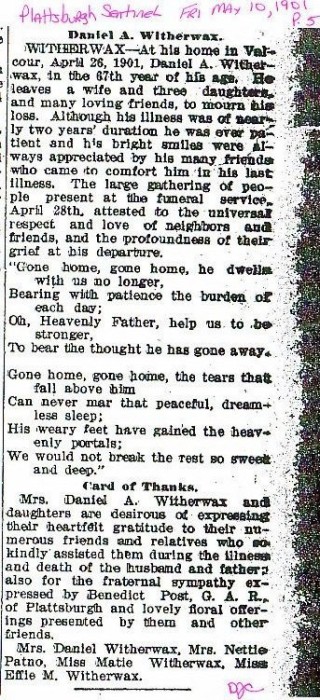 Obituary Daniel A Witherwax 26 Apr 1901